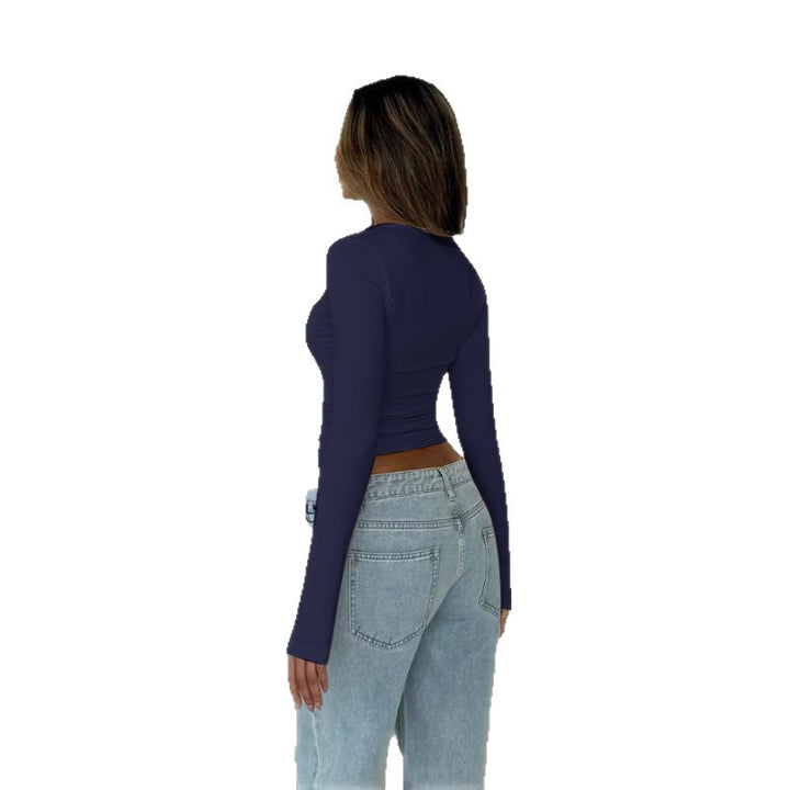 Damen Enganliegendes Langarm-Croppedshirt mit V-Ausschnitt Echo Archiv