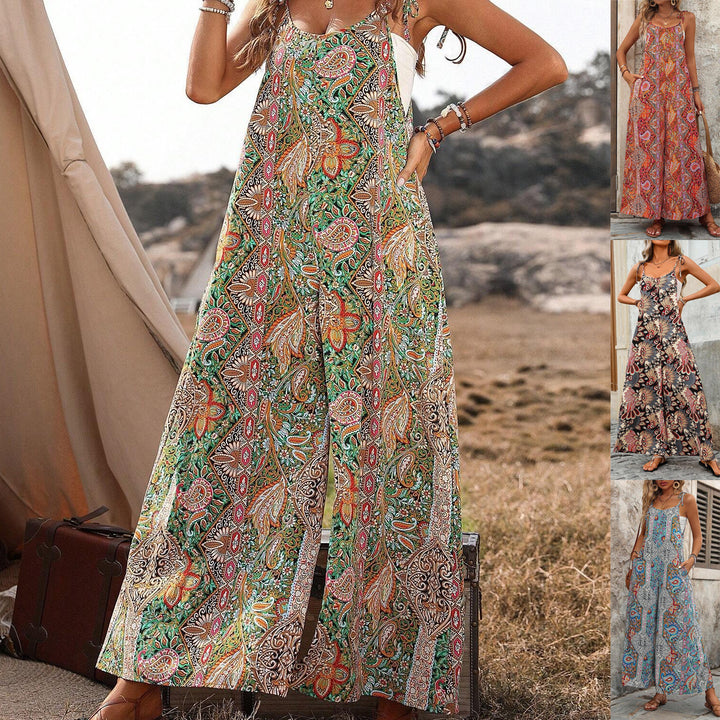Damen Weiter Palazzo-Overall mit verstellbaren Trägern, Seitentaschen und Boho-Print Echo Archiv
