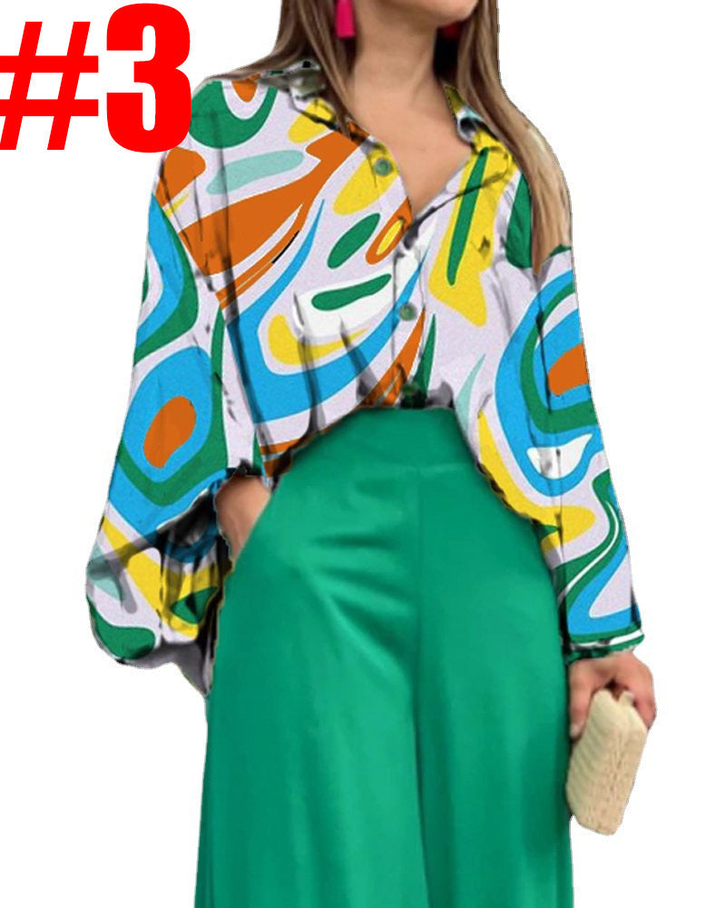 Damen Oversize Hemdbluse mit abstraktem Aquarellprint und überschnittener Schulter – Élovi