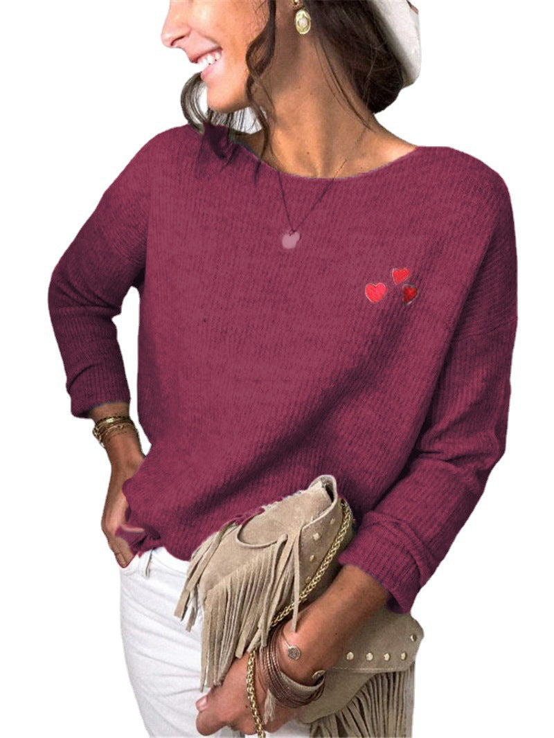 Damen Leichter Feinstrickpullover mit U-Boot-Ausschnitt, lockerem Sitz und Herzstickerei Echoarchiv