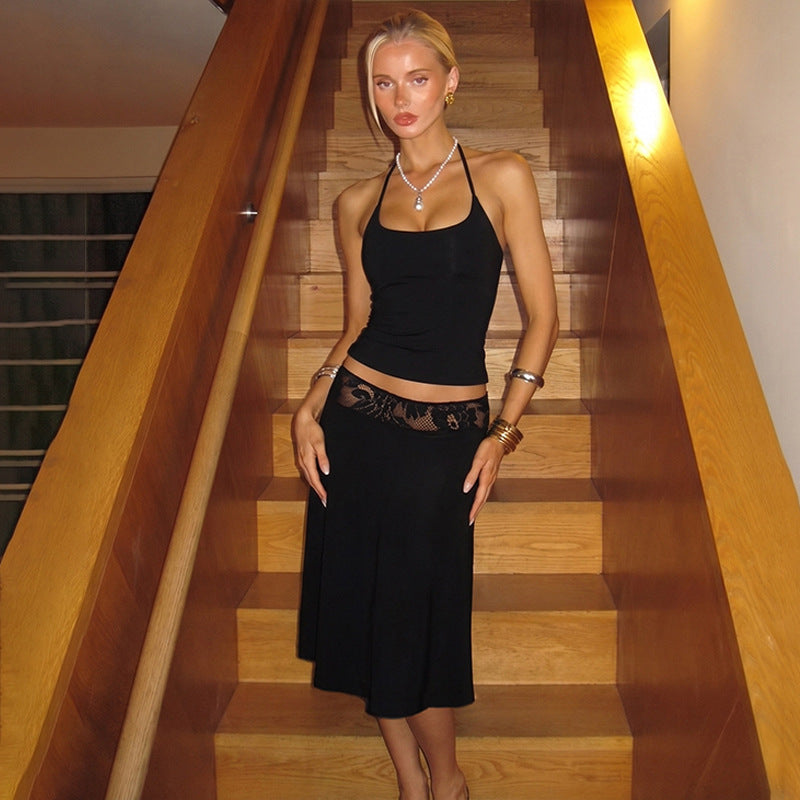 Damen elegantes Trägerkleid mit Spitzenakzent und fließendem Schnitt Echo Archiv