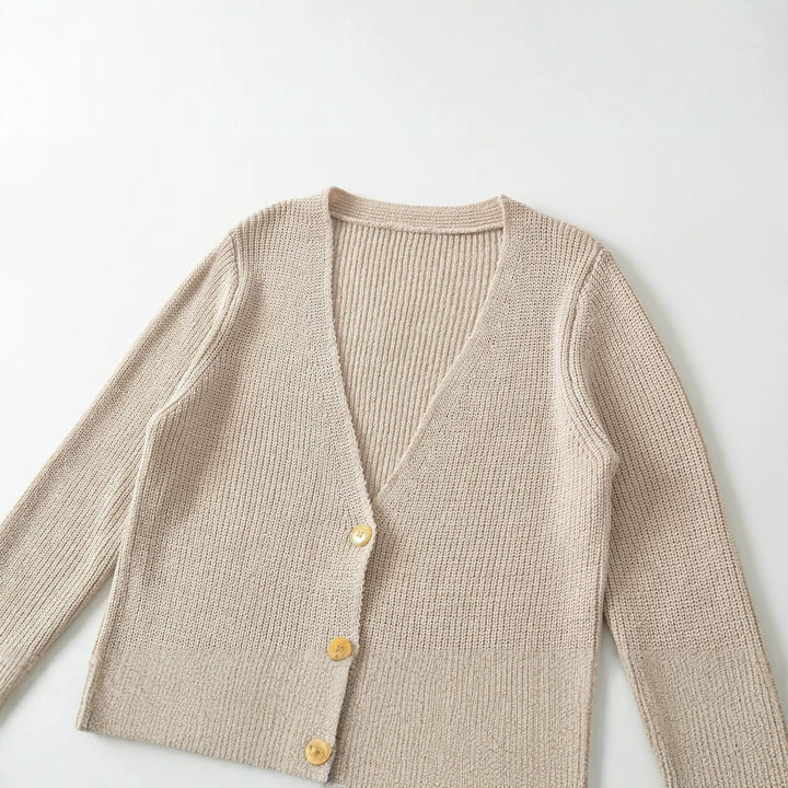 Damen Longline Strickcardigan mit V‑Ausschnitt und Holzknöpfen Echo Archiv
