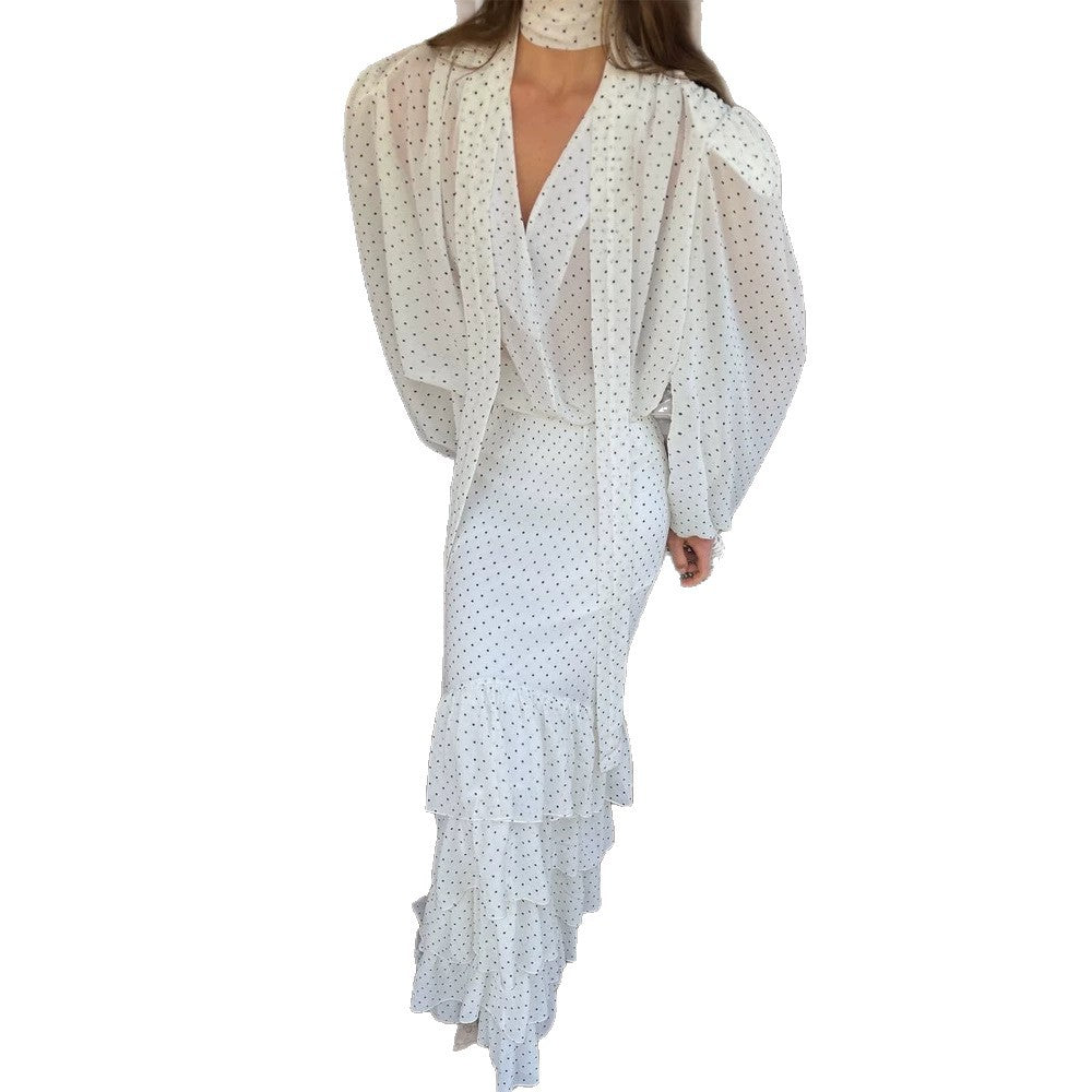 Damen Maxikleid aus Chiffon mit Wickeloberteil, Schluppe und gestuftem Volant‑Rock Echoarchiv