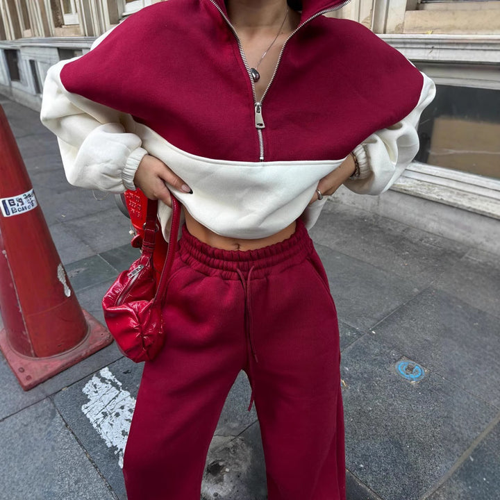 Damen Oversized Zweifarbiges Half-Zip Loungewear-Set mit Stehkragen und weitem Palazzo-Jogger – Avérine