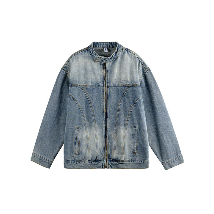 Unisex Boxy-Jeansjacke im Workwear-Stil mit geschwungener Teilnaht und Stehkragen Echoarchiv