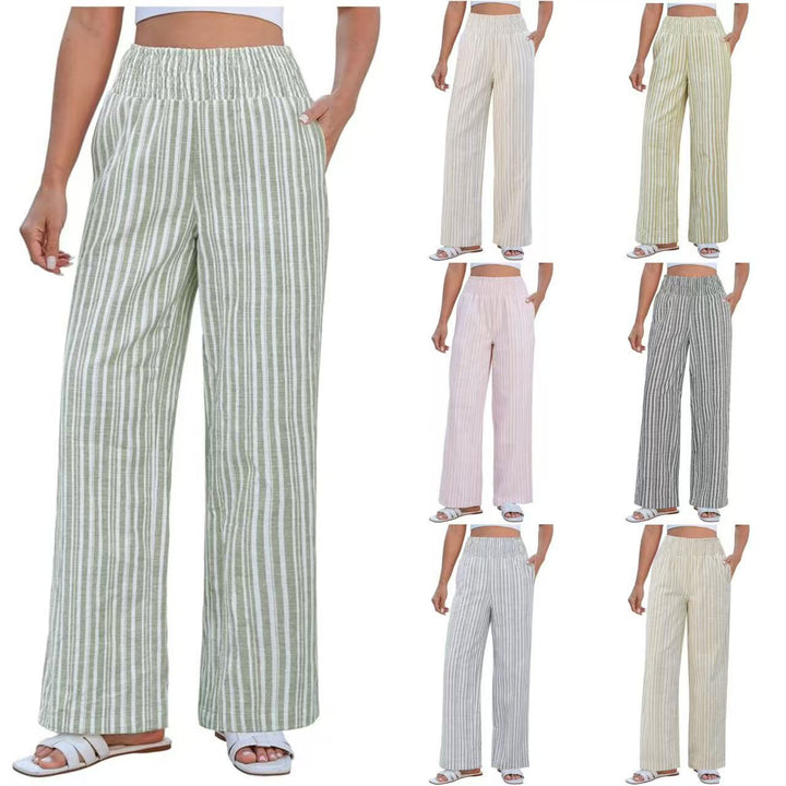 Damen Leichte Leinenhose mit weitem Bein, hoch geschnittener geraffter Gummibund und Seitentaschen Echo Archiv