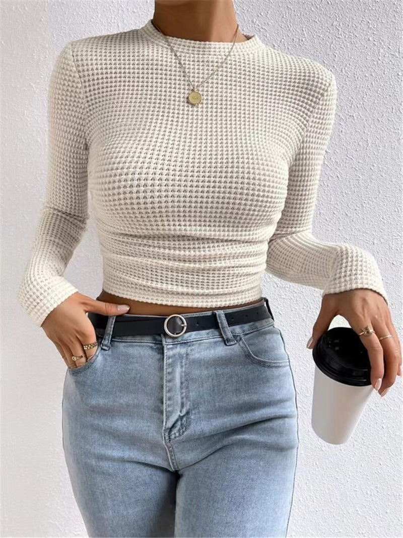Damen nan tailliertes kurzgeschnittenes Waffelstrickshirt mit Rundhalsausschnitt und figurbetonter Passform Echo Archiv