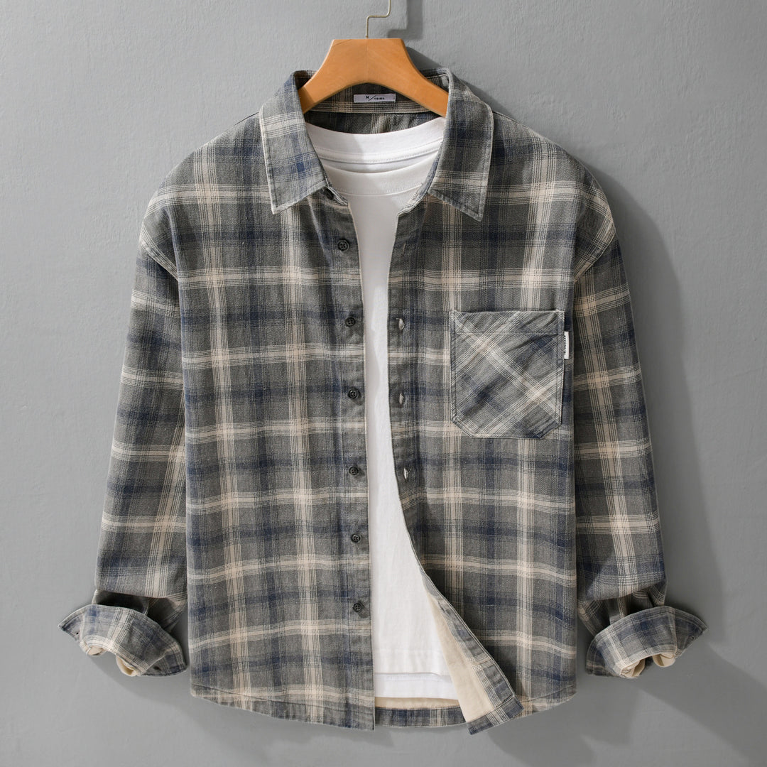 Herren Karo-Relaxed-Overshirt aus gebürstetem Baumwollmix mit Brusttasche und durchgehender Knopfleiste Echoarchiv