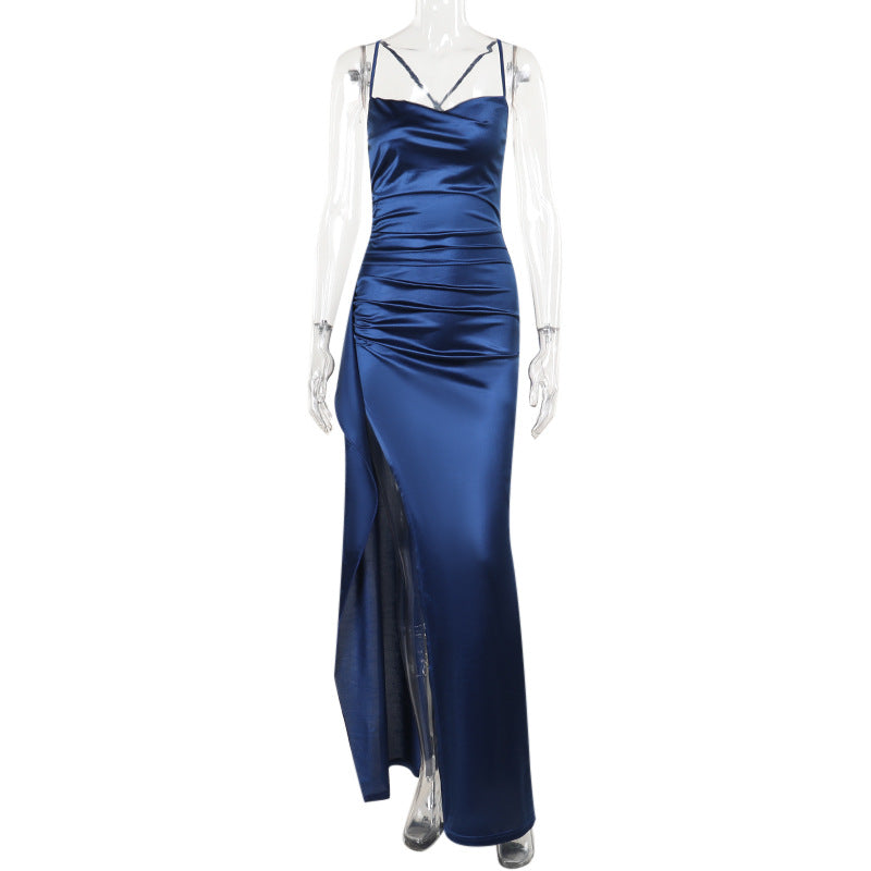 Damen elegantes Satin-Kleid mit tiefem Schlitz und verstellbaren Spaghetti-Trägern Echo Archiv