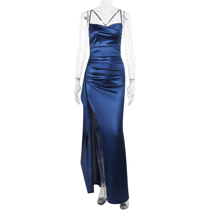Damen elegantes Satin-Kleid mit tiefem Schlitz und verstellbaren Spaghetti-Trägern Echo Archiv