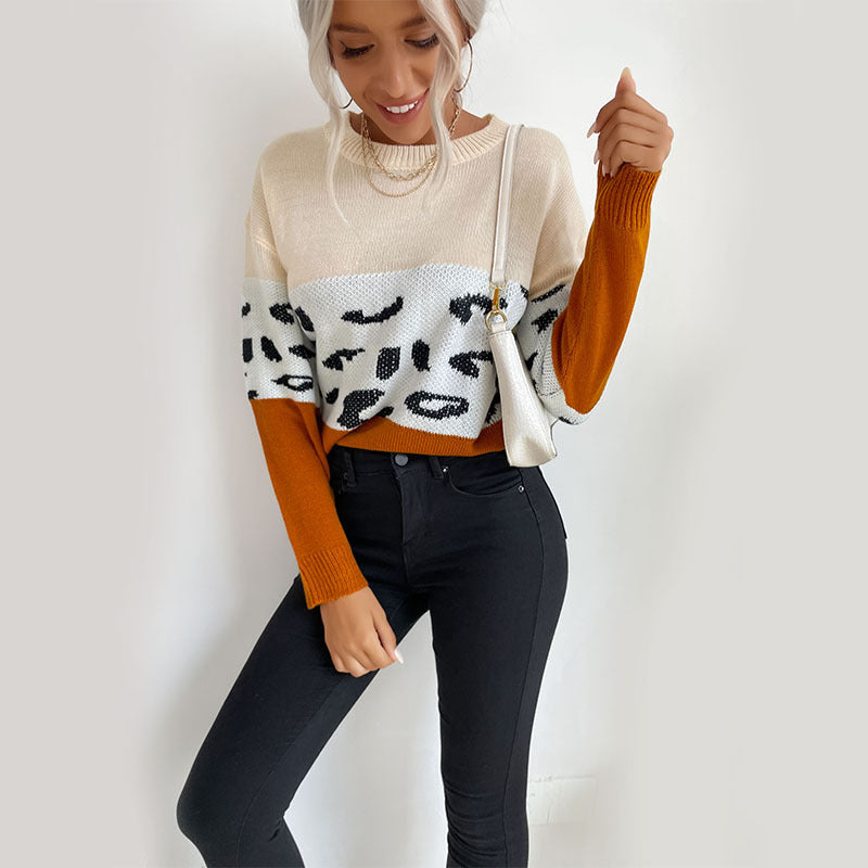 Damen Colorblock Strickpullover mit Leopardenmuster, Rundhals und lässiger Passform Echoarchiv