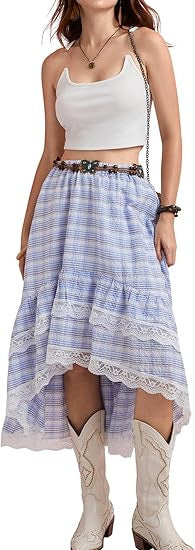 Damen Boho Maxi-Rock mit asymmetrischem Saum und Spitzenverzierungen Echo Archiv