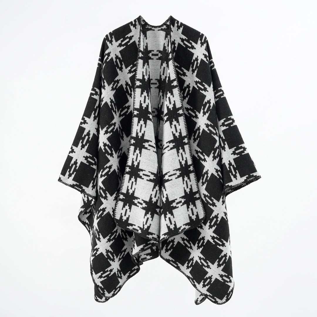 Damen Oversize-Jacquard-Cape mit Sternmotiv und kontrastierter Kettelkante Echo Archiv