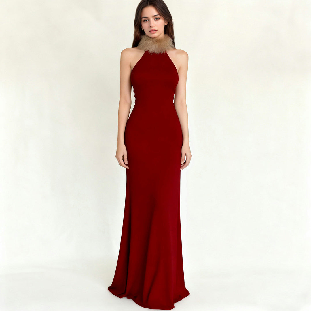 Damen Elegantes Maxikleid mit luxuriösem Kunstpelzkragen Echo Archiv