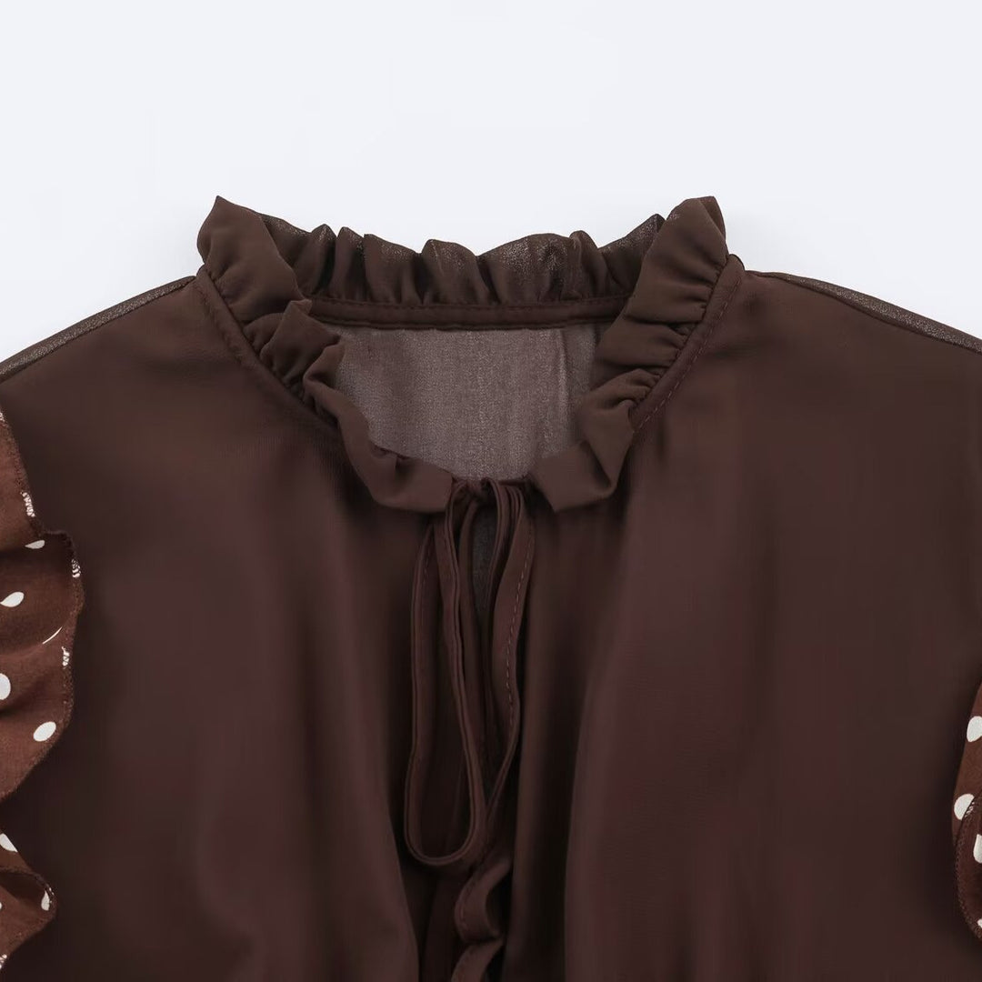 Damen verspieltes Midi-Tiered-Kleid mit Rüschenkragen, Bindeband und Volantstufen Echoarchiv