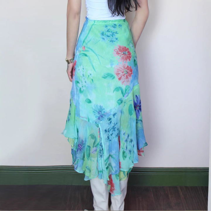 Damen asymmetrischer Rüschenrock aus floralem Chiffon Echo Archiv