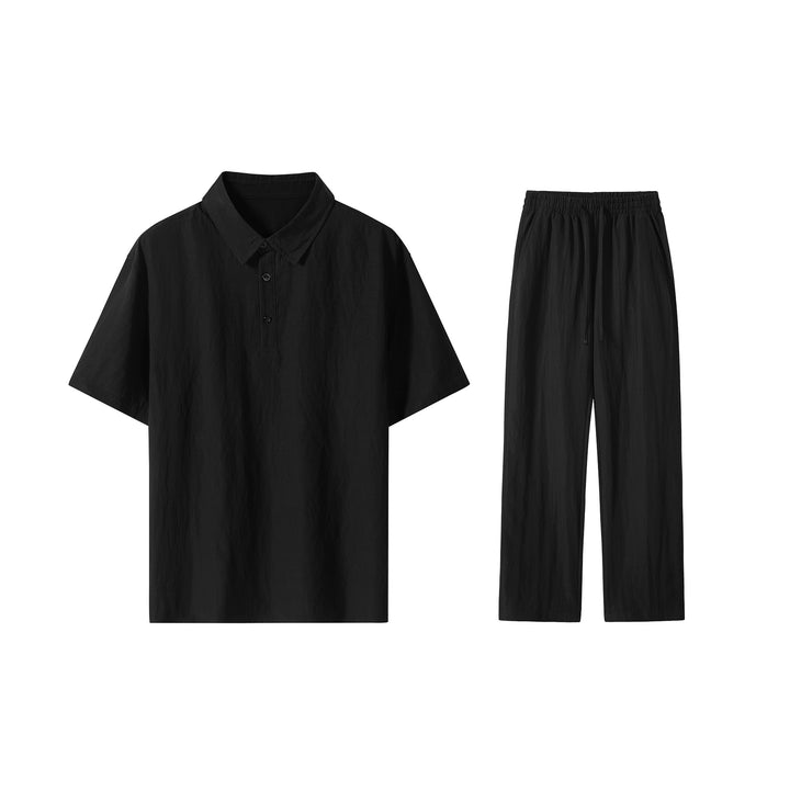 Herren Zweiteiliges Lounge-Set aus leichtem Baumwollmix mit Polokragen und Gummizughose Echo Archiv