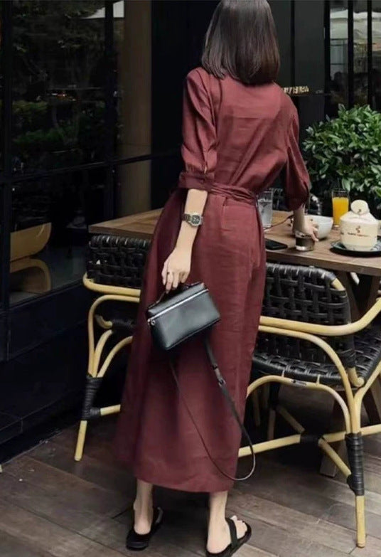 Damen Leichter Culotte-Jumpsuit mit Stehkragen, 3/4-Ärmeln und Taillengürtel – Solévia