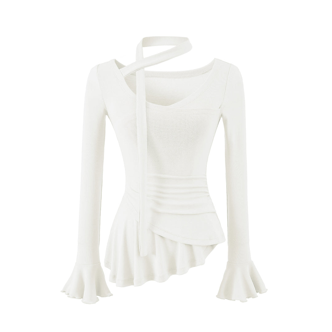 Damen Asymmetrisches tailliertes Langarm-Top mit Wickelschal, ausgestellten Volantärmeln und Stufenpeplum Echoarchiv
