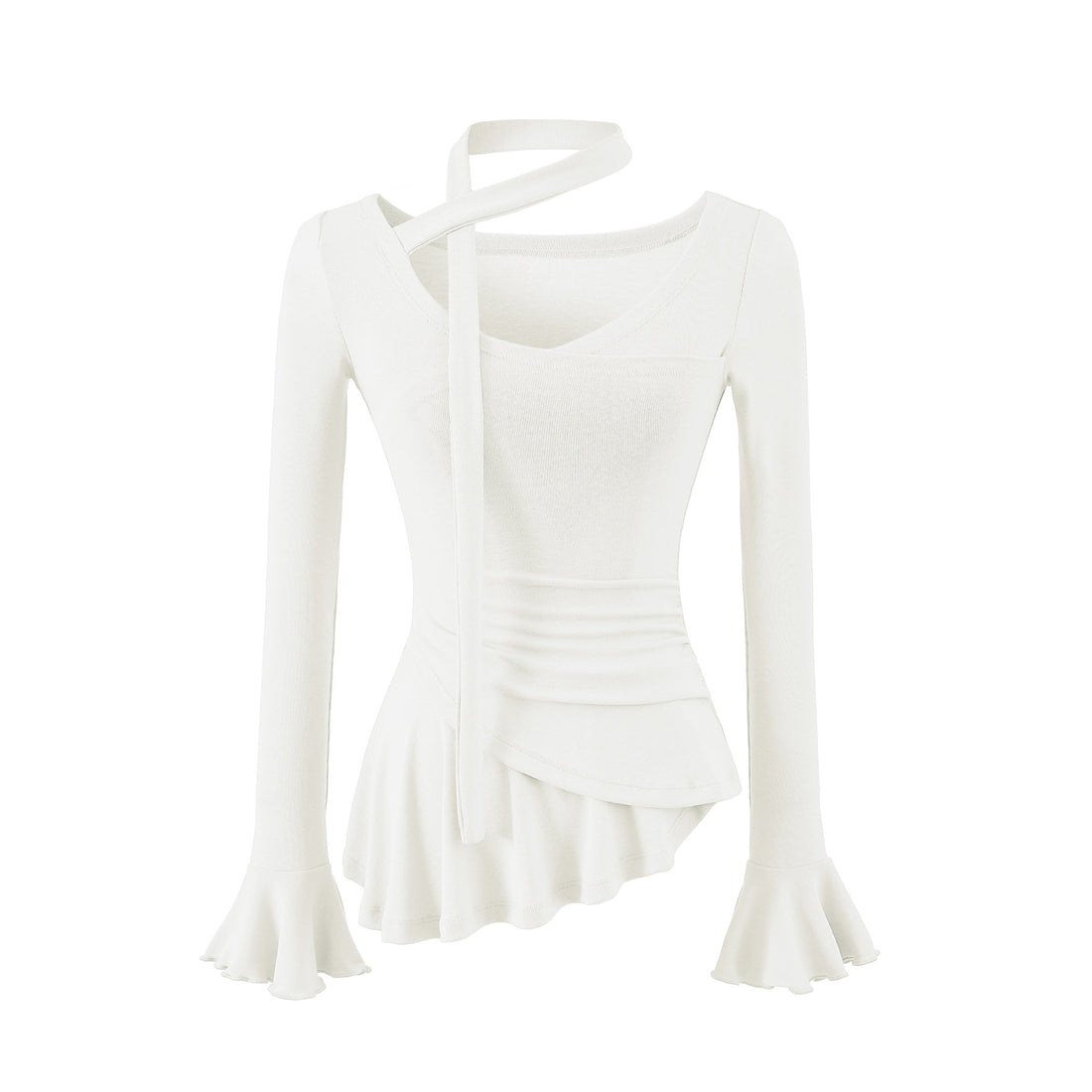 Damen Asymmetrisches tailliertes Langarm-Top mit Wickelschal, ausgestellten Volantärmeln und Stufenpeplum Echoarchiv