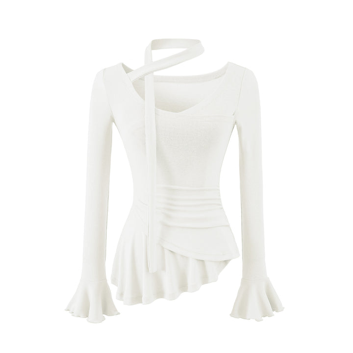 Damen Asymmetrisches tailliertes Langarm-Top mit Wickelschal, ausgestellten Volantärmeln und Stufenpeplum Echoarchiv