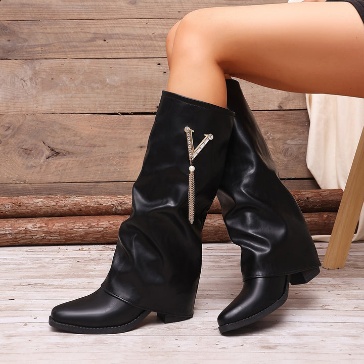 Damen Kniehohe Slouch‑Stiefel mit Strassbesatz und mittlerem Blockabsatz – Lioré