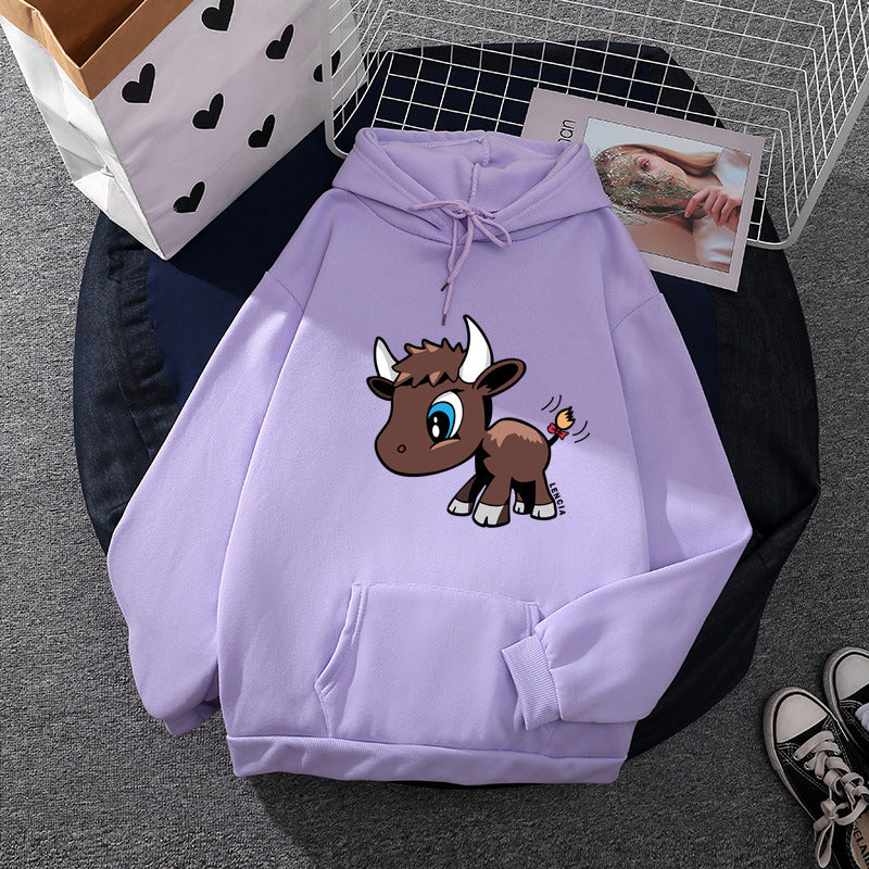 Damen Kapuzenpullover mit charmantem Stier-Karikaturprint, Kängurutasche und entspanntem Oversize-Schnitt – Auréline