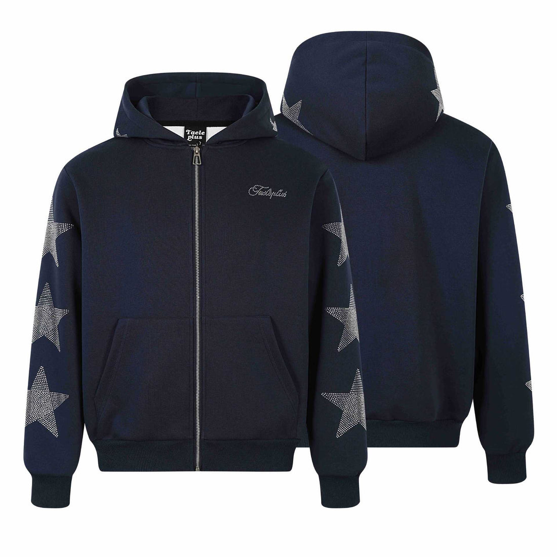 Damen Kapuzenjacke mit Strassstern-Applikationen und durchgehendem Reißverschluss Echoarchiv