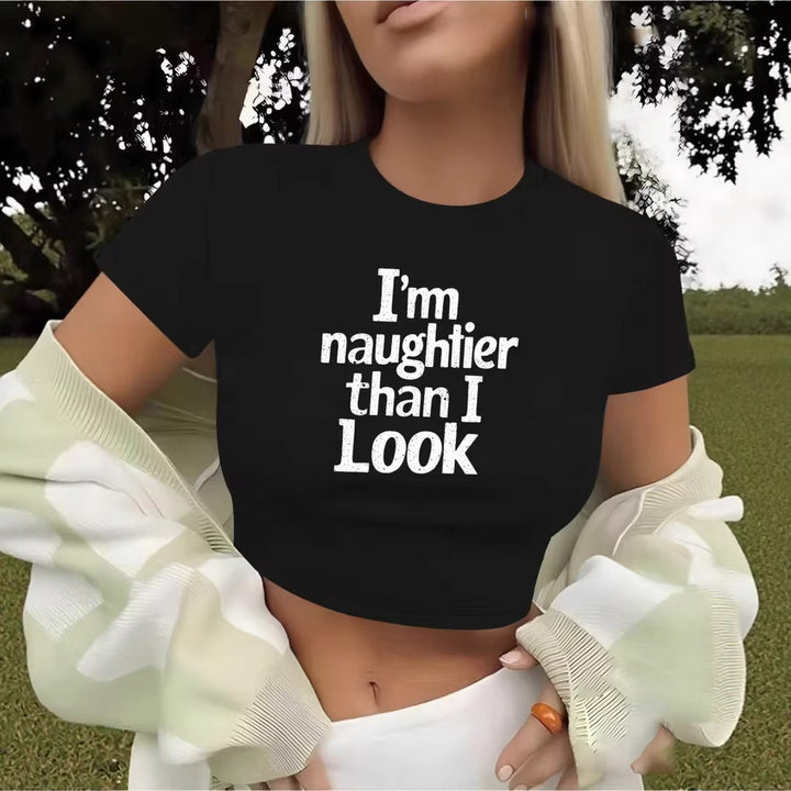 Damen Crop-T-Shirt mit kreativem Spruch und figurbetontem Schnitt Echo Archiv