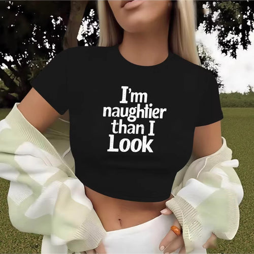 Damen Crop-T-Shirt mit kreativem Spruch und figurbetontem Schnitt Echo Archiv