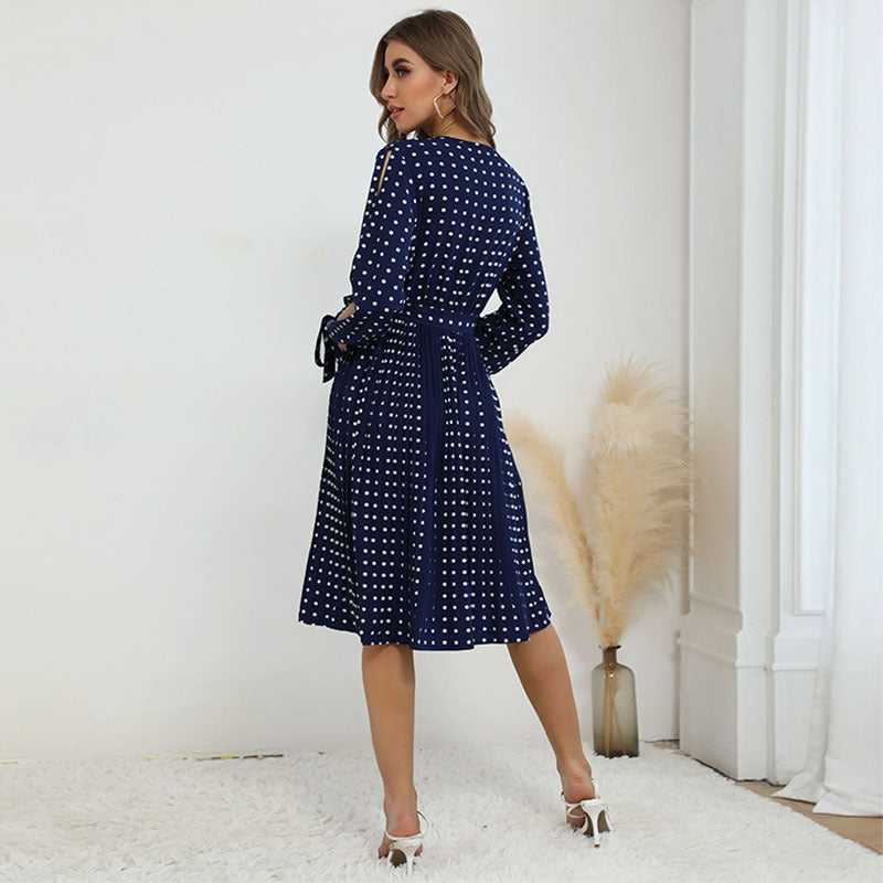 Damen Polka-Dot Wickelkleid mit V‑Ausschnitt, Bindegürtel und plissiertem Midirock Echoarchiv