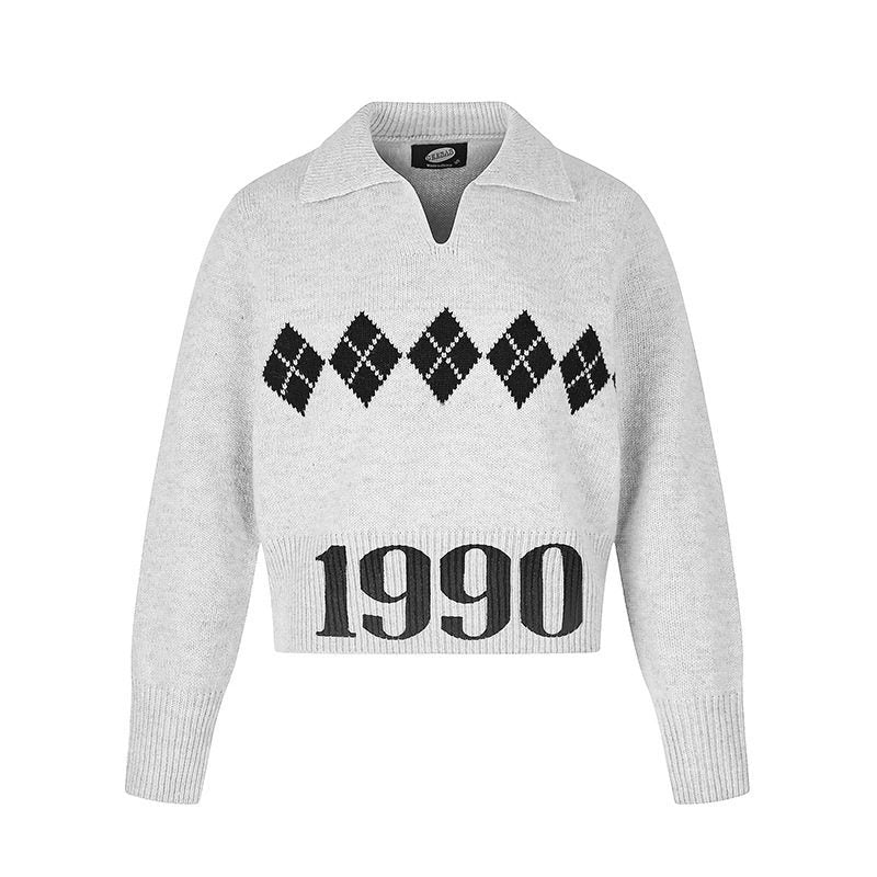 Damen Cropped Strickpullover mit Polokragen, Rippbund und Argyle‑Motiv Echoarchiv