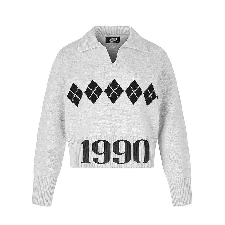 Damen Cropped Strickpullover mit Polokragen, Rippbund und Argyle‑Motiv Echoarchiv