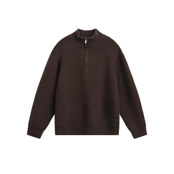 Unisex Grobstrick-Pullover mit halbem Reißverschluss und Stehkragen Echoarchiv