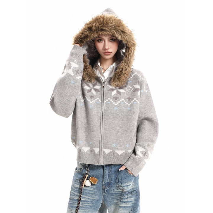 Damen Kapuzensweatjacke mit Kunstfell Kragen und Norweger-Muster Echoarchiv