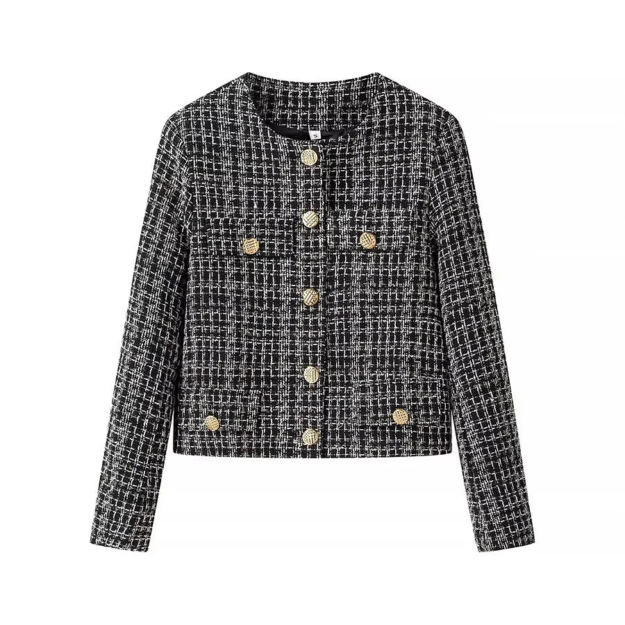 Damen kurz geschnittene Bouclé-Jacke im Boxy-Schnitt mit Goldknopf-Detail und Pattentaschen – Célinea