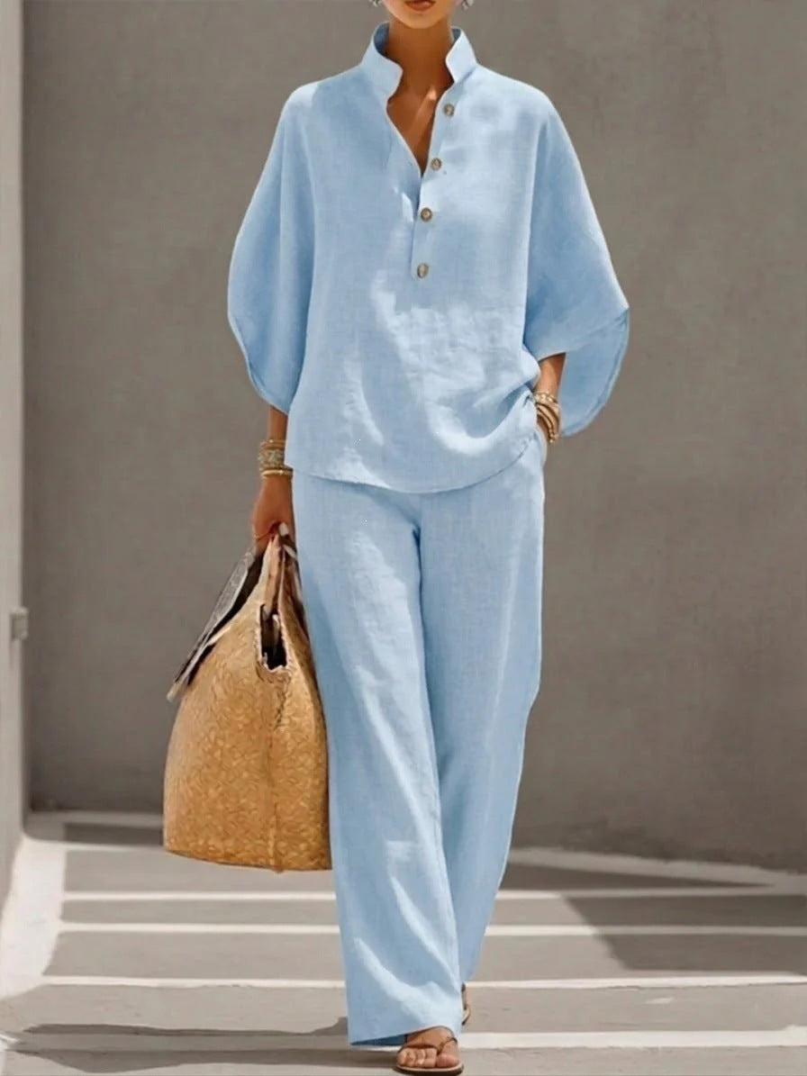 Damen Lockeres Leinenoptik-Zweiteiler mit Stehkragenbluse und weitem Palazzo-Hose – Élanora