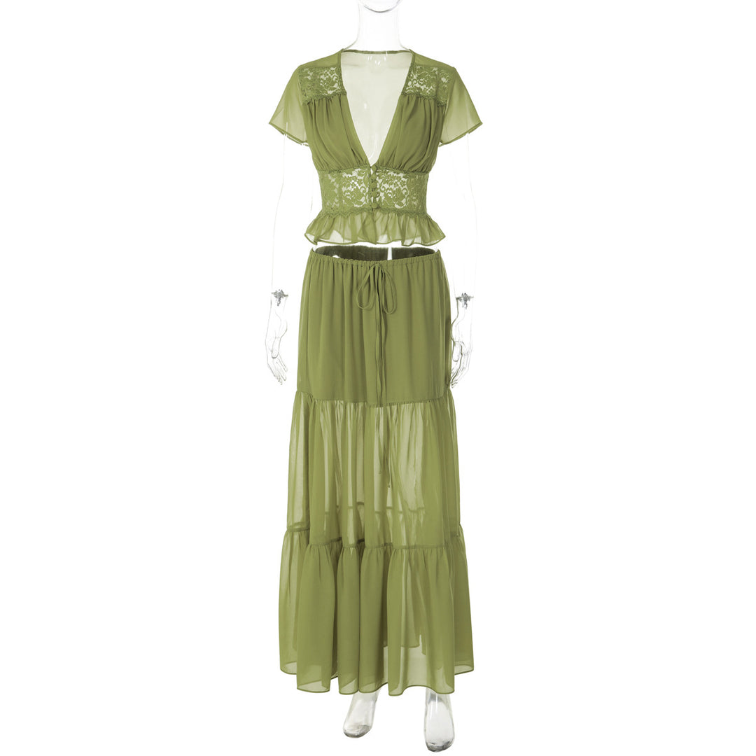 Damen Elegantes Maxikleid mit Spitzenoberteil und fließendem Saum Echo Archiv
