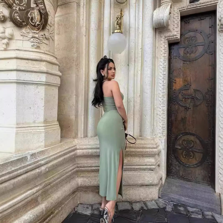 Damen elegantes langärmliges Maxikleid mit asymmetrischem Ausschnitt und Rüschendetails Echo Archiv