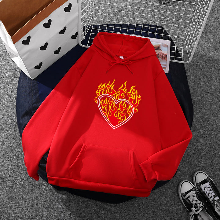 Damen leichter Oversize Kapuzenpullover mit Herz‑EKG‑Motiv, langen Kordeln und elastischem Bund – Auréline