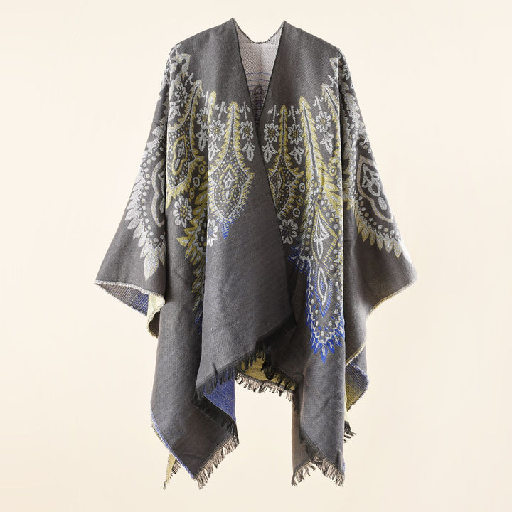 Damen Reversibler Jacquard-Wickelponcho im Oversize-Kaftan mit Fransensaum Echo Archiv