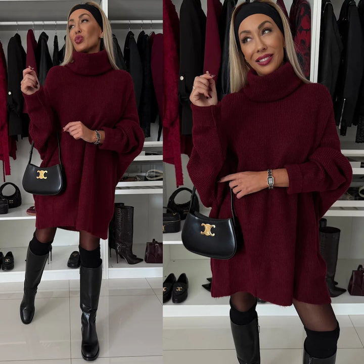 Damen Lässiges Oversized Strick-Minikleid mit hohem Rollkragen und Ballonärmeln – Élara