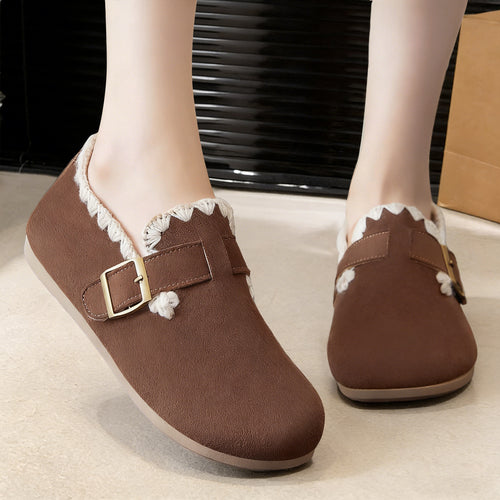 Damen nan kuschelige Mokassin-Slipper mit verstellbarem Schnallenriemen und gehäkelter Kantenverzierung Echo Archiv