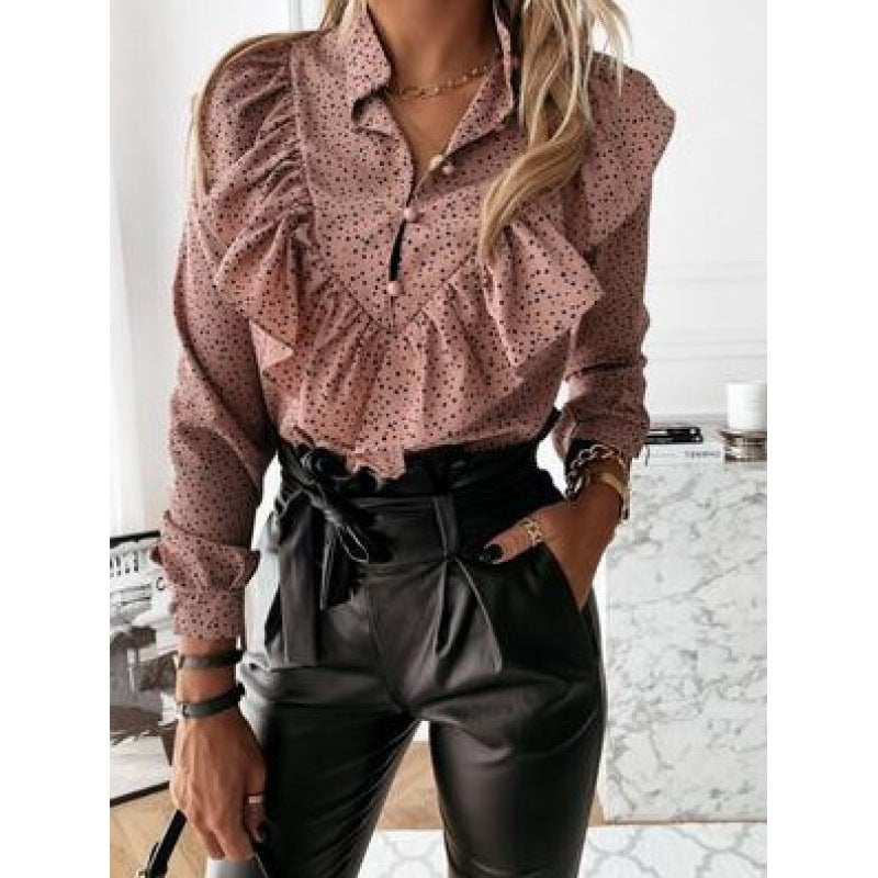 Damen Volantbluse mit Rüschenkragen, geraffter Taille und Tupfenprint – Élovi