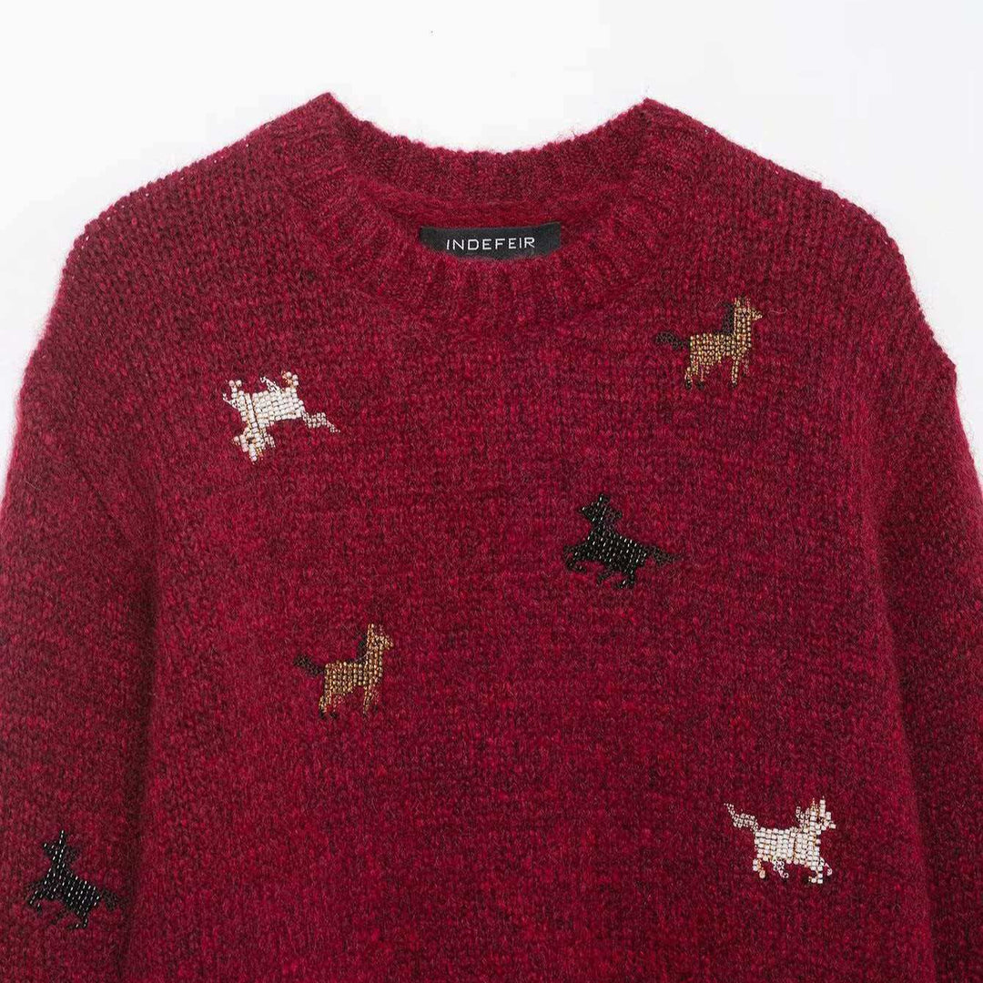 Damen nan kurzgeschnittener Grobstrick-Pullover mit Hundemotiv, Rundhalsausschnitt und elastischem Rippbund Echo Archiv