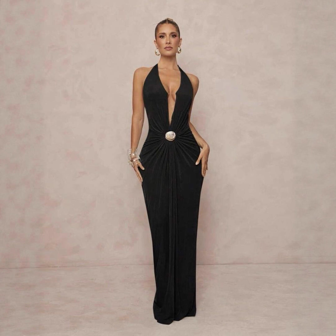 Damen Glamouröses Abendkleid mit tiefem V-Ausschnitt und eleganter Drapierung Echo Archiv