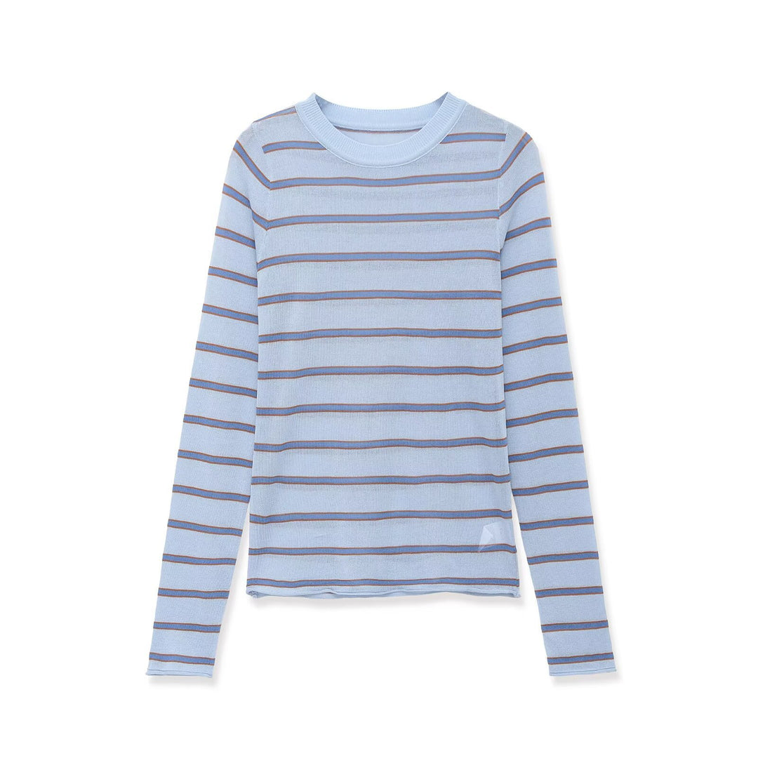 Damen Feinstrick-Pullover im Slim-Fit mit Rundhals und horizontalen Kontraststreifen Echoarchiv