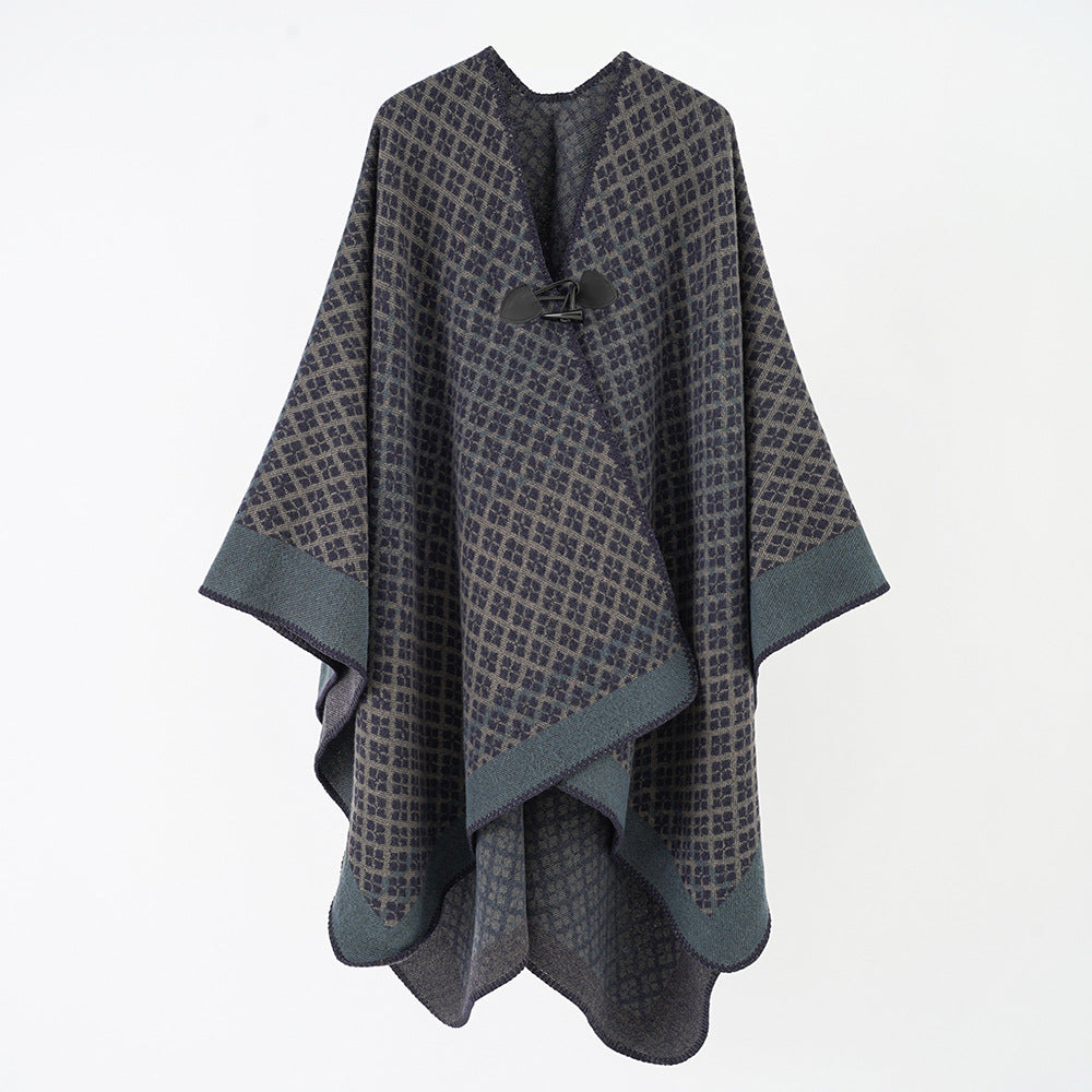 Damen Wollmischung Poncho mit Jacquard‑Muster und Knebelverschluss – Avérine