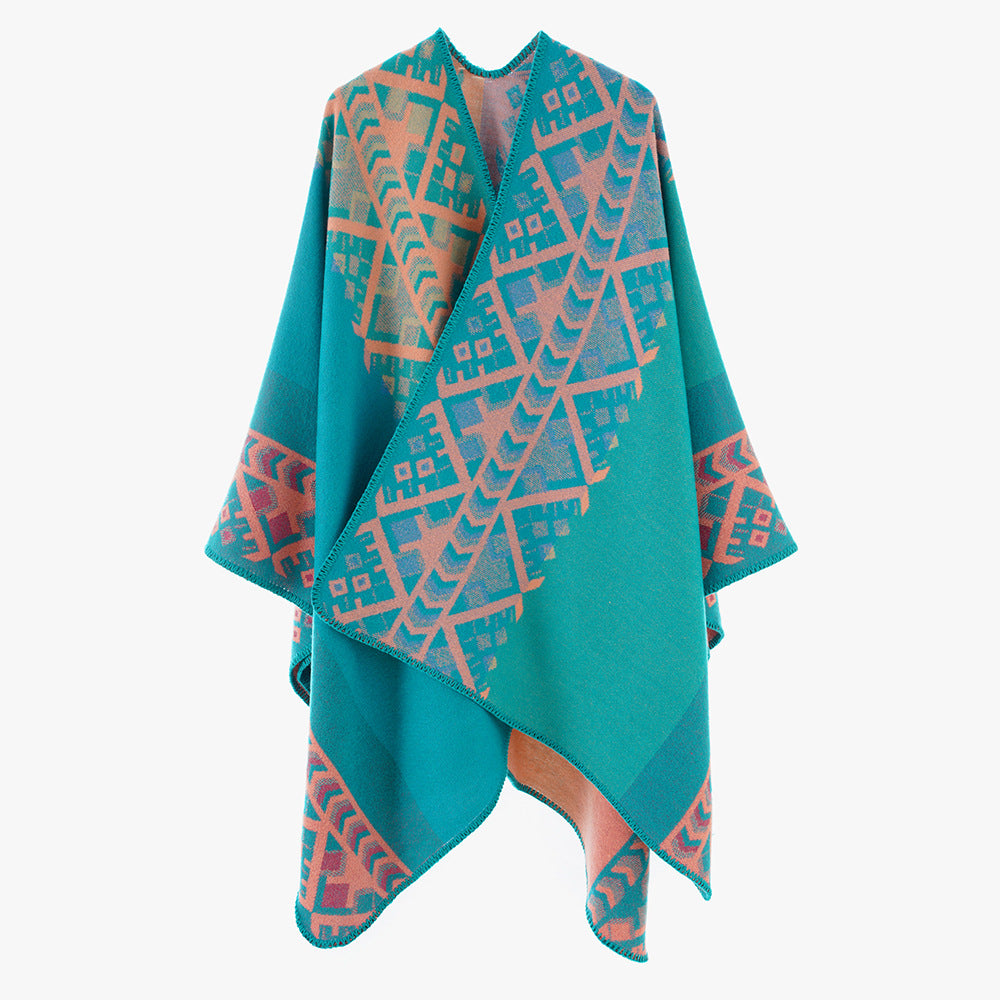 Damen Gewebter Oversize-Ruana mit Ethno-Jacquard und Zierkettelung – Avérine