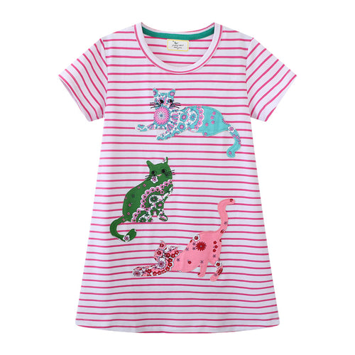 Mädchen gestreiftes Kurzarmkleid mit bunten Katzenmotiven Echo Archiv